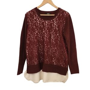 Simply Vera Wang Burgundy Scoop Neck Lace Layered Long Sleeve Women's Top XL